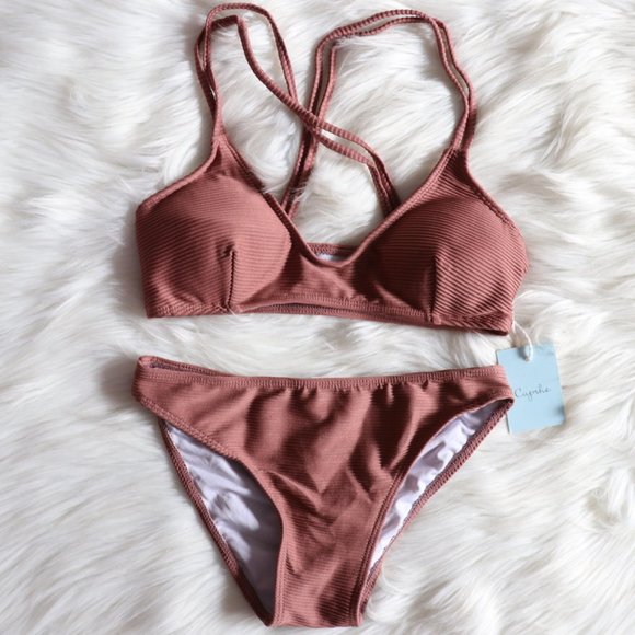 Dusty Rose Ribbed Bikini Set Size Small - Picture 1 of 7